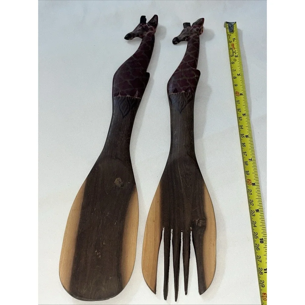 Vintage Wooden Handmade Giraffe Salad Tossing Fork & Spoon Works Great Clean Woo